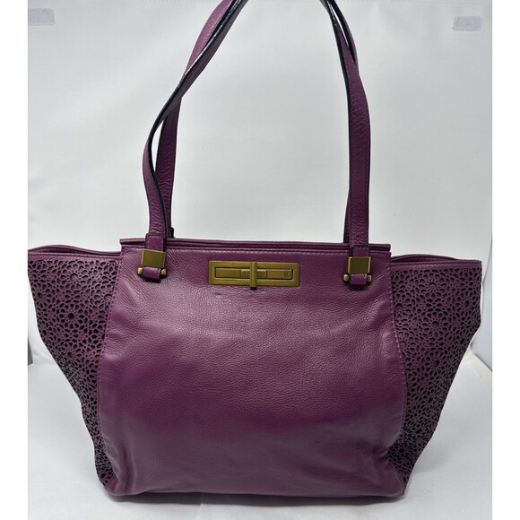 ELLIOTT LUCCA Purple Plum Lazer Pattern Cut Leather Carryall Tote Large - Picture 1 of 13